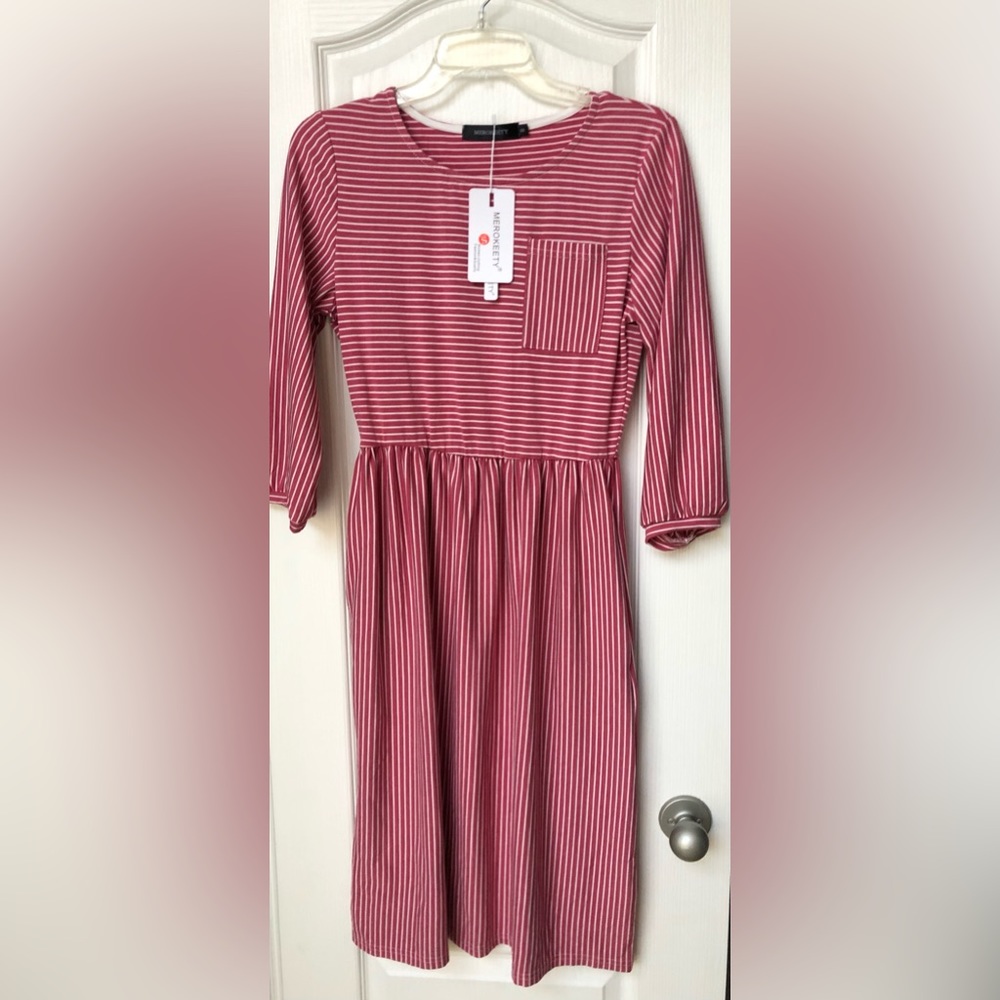 NEW with tags! MEROKEETY - 3/4 Balloon Sleeve Striped Dress w/ Pockets:Red: Sm